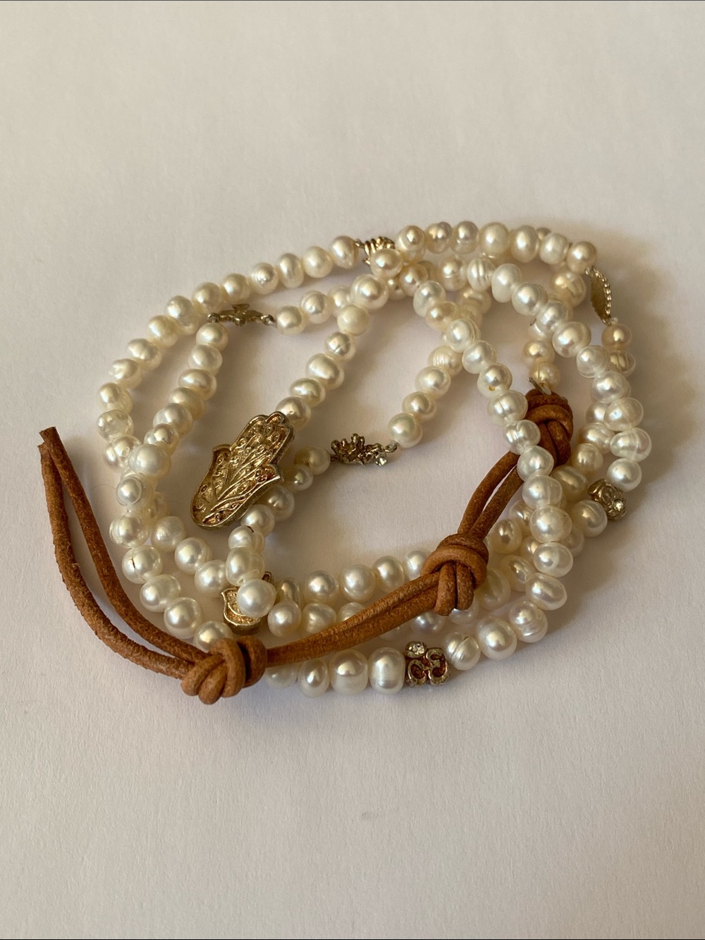Sterling stamped 925 freshwater Pearl wrap bracelet with Hamsa Accent - White